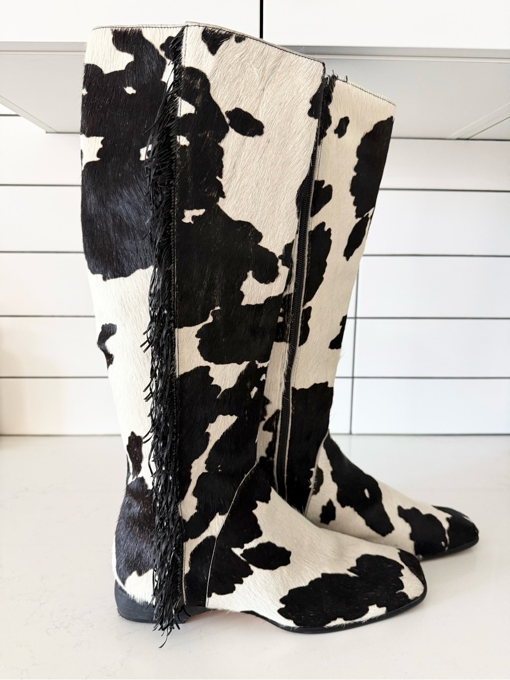 Vintage 90s Studio Delman Cow Print Calf Hair Fringe Tall Boots - US 8.5 *RARE* - Picture 5 of 11